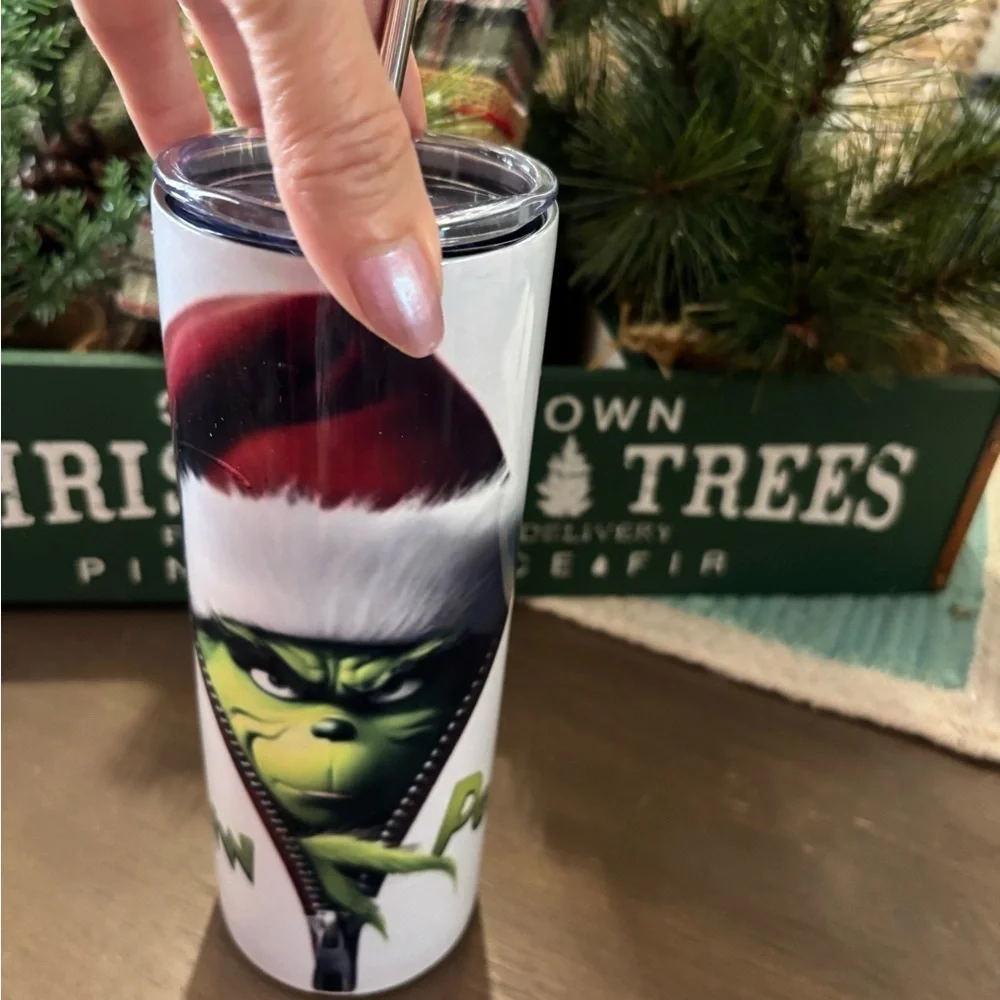 Grinch Christmas Tumbler Travel Cup with Lid & Reusable Straw